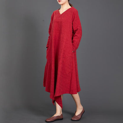 Solid Color Long Sleeve Cotton Linen Dress