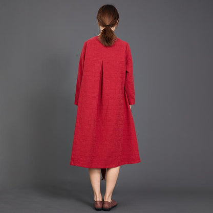 Solid Color Long Sleeve Cotton Linen Dress