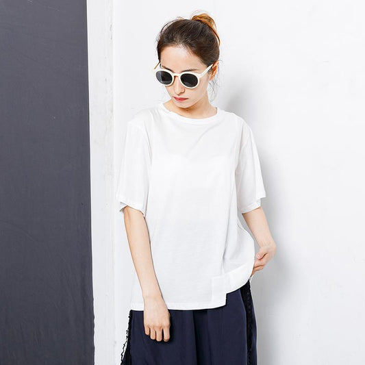 Solid Color Patchwork Asymmetrical Hem T-Shirt