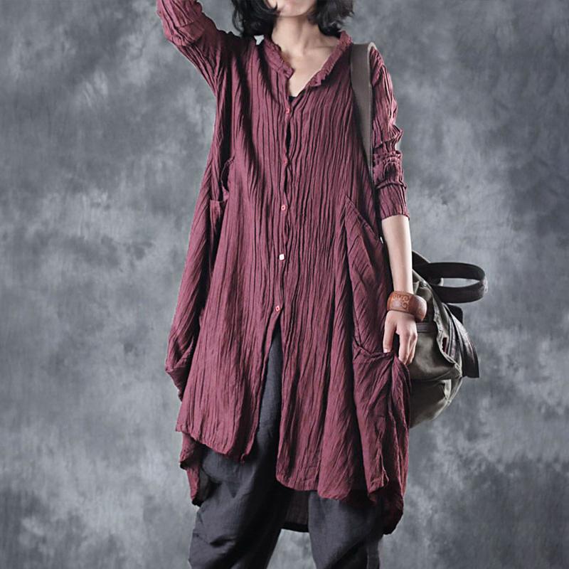 Solid Color Pleated Long Sleeve Shirt