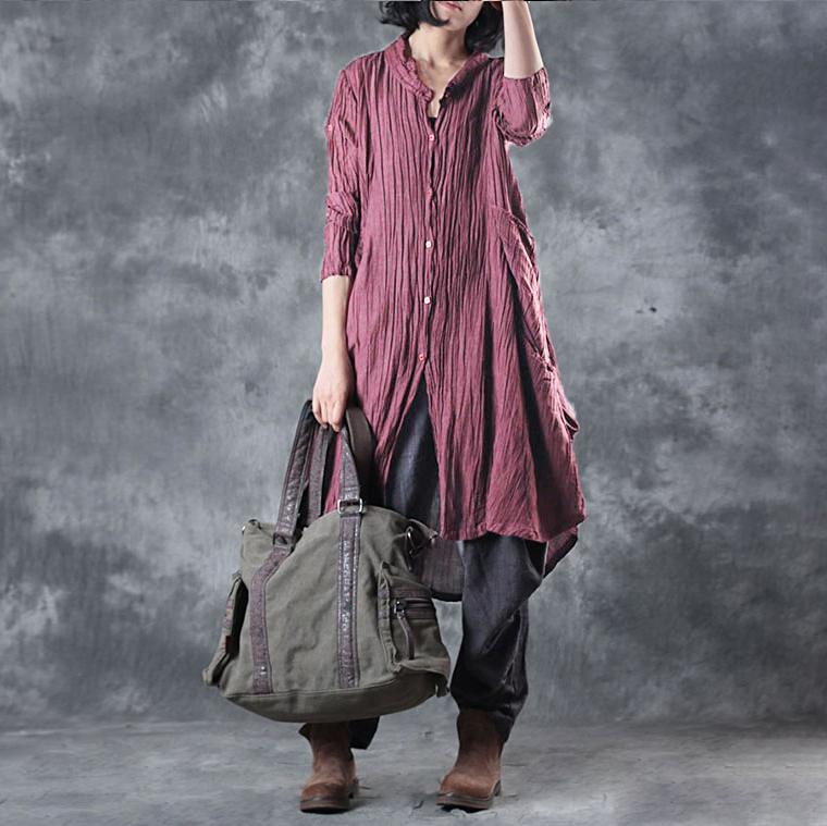 Solid Color Pleated Long Sleeve Shirt