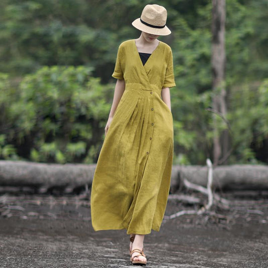 Solid Color Pleated V-Neck Retro Loose Dress
