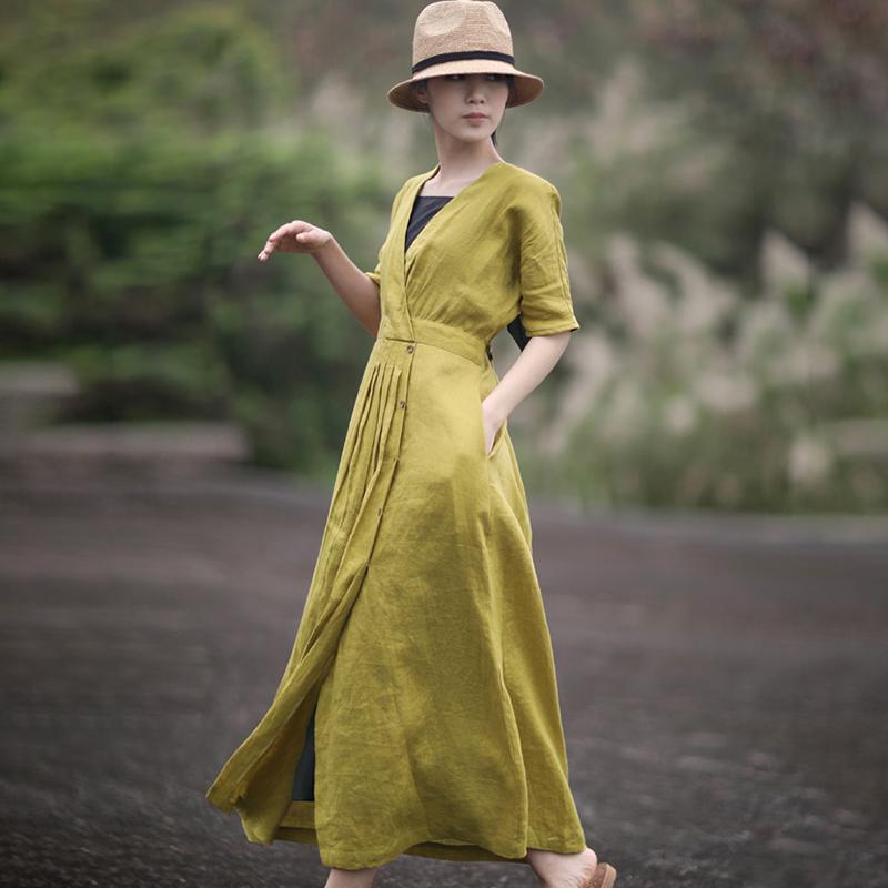 Solid Color Pleated V-Neck Retro Loose Dress
