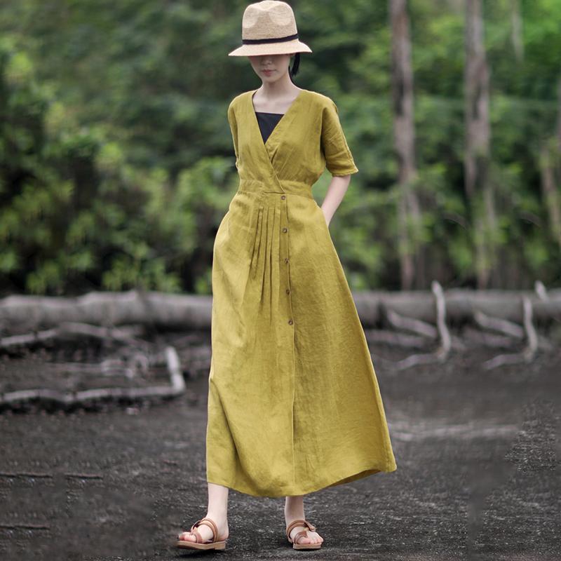 Solid Color Pleated V-Neck Retro Loose Dress