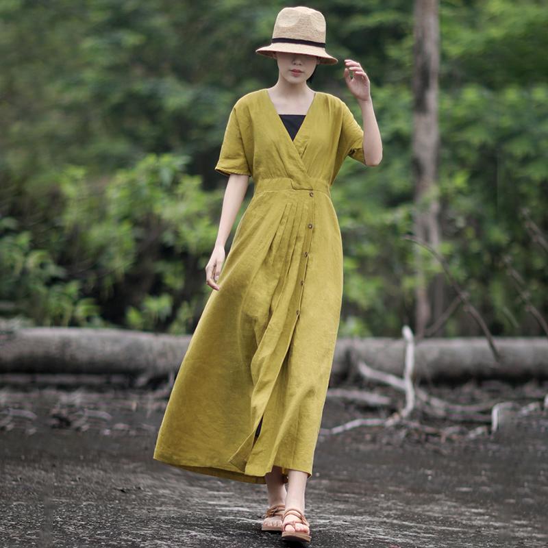 Solid Color Pleated V-Neck Retro Loose Dress
