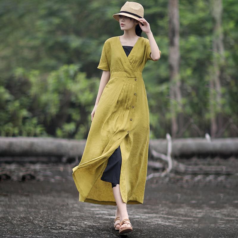 Solid Color Pleated V-Neck Retro Loose Dress