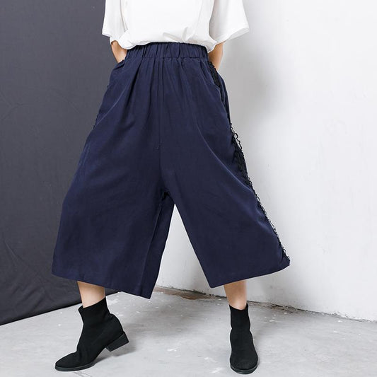 Solid Color Side Lace Spliced Wide Leg Pants