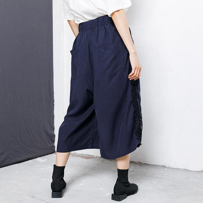 Solid Color Side Lace Spliced Wide Leg Pants