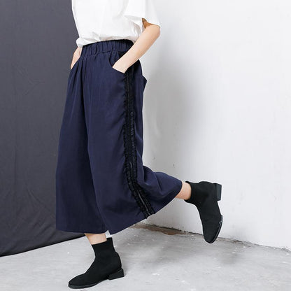 Solid Color Side Lace Spliced Wide Leg Pants