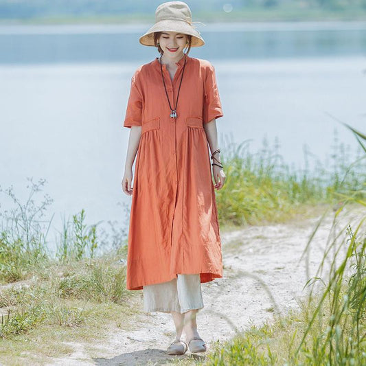 Solid Color Spliced Casual Single Breasted Dress