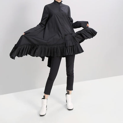 Solid Color Spliced Pleated Hem Loose Dress