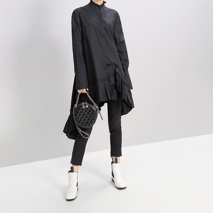 Solid Color Spliced Pleated Hem Loose Dress