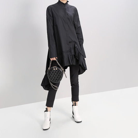 Solid Color Spliced Pleated Hem Loose Dress