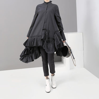 Solid Color Spliced Pleated Hem Loose Dress