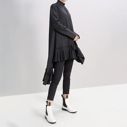 Solid Color Spliced Pleated Hem Loose Dress
