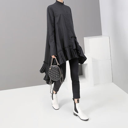 Solid Color Spliced Pleated Hem Loose Dress