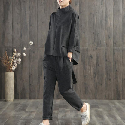 Solid Color Turtleneck Top And Harem Pants