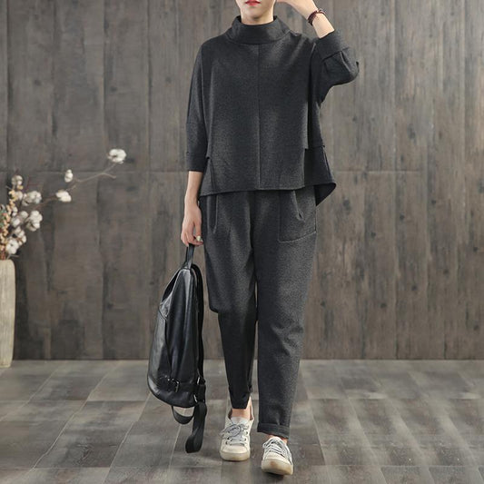 Solid Color Turtleneck Top And Harem Pants