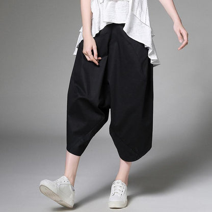 Solid Cotton Loose Calf-Length Plus Size Harem Pants
