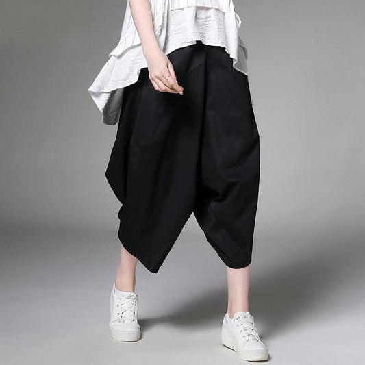 Solid Cotton Loose Calf-Length Plus Size Harem Pants