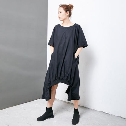 Solid Cotton Short Sleeve Irregular Dress