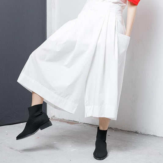 Solid Elastic Waist Casual Wide Leg Pants