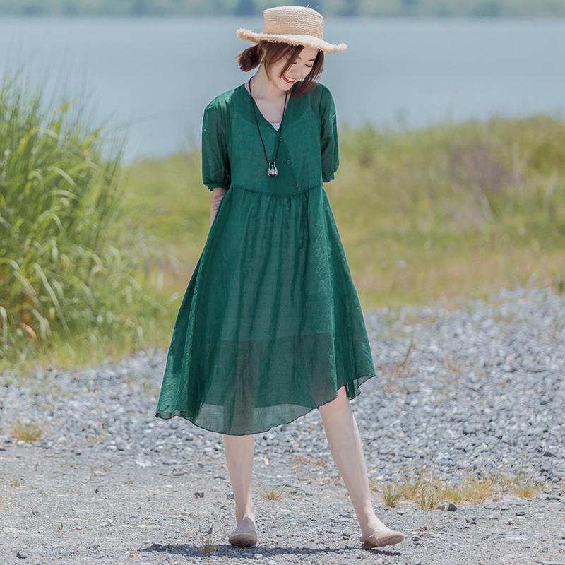 Solid Retro Short Sleeve V-Neck Button Dress