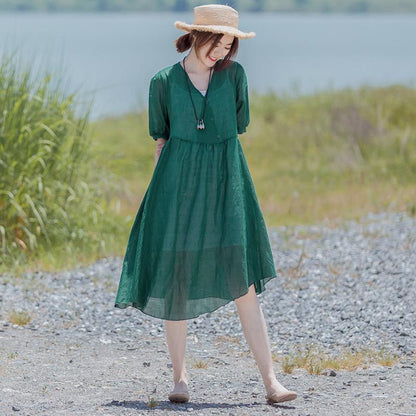 Solid Retro Short Sleeve V-Neck Button Dress