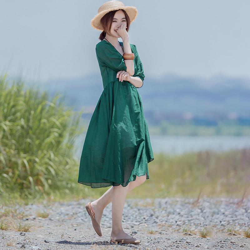 Solid Retro Short Sleeve V-Neck Button Dress