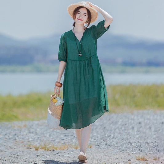 Solid Retro Short Sleeve V-Neck Button Dress