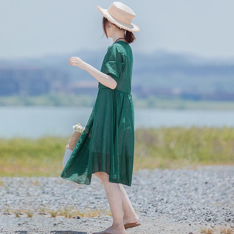 Solid Retro Short Sleeve V-Neck Button Dress