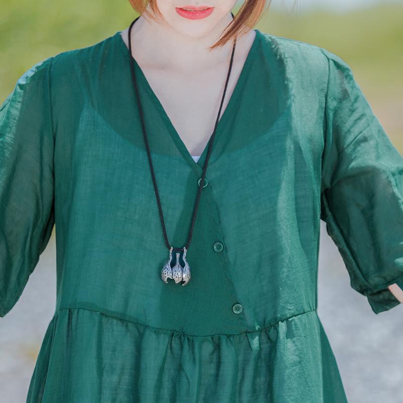 Solid Retro Short Sleeve V-Neck Button Dress