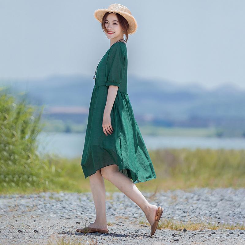 Solid Retro Short Sleeve V-Neck Button Dress