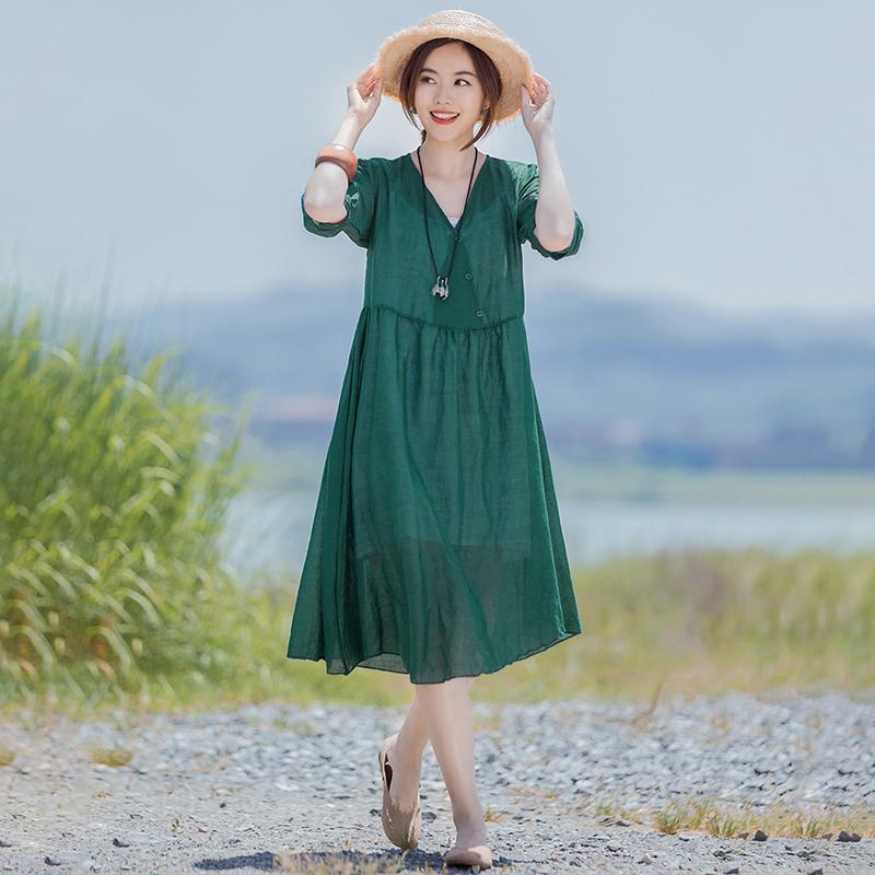 Solid Retro Short Sleeve V-Neck Button Dress