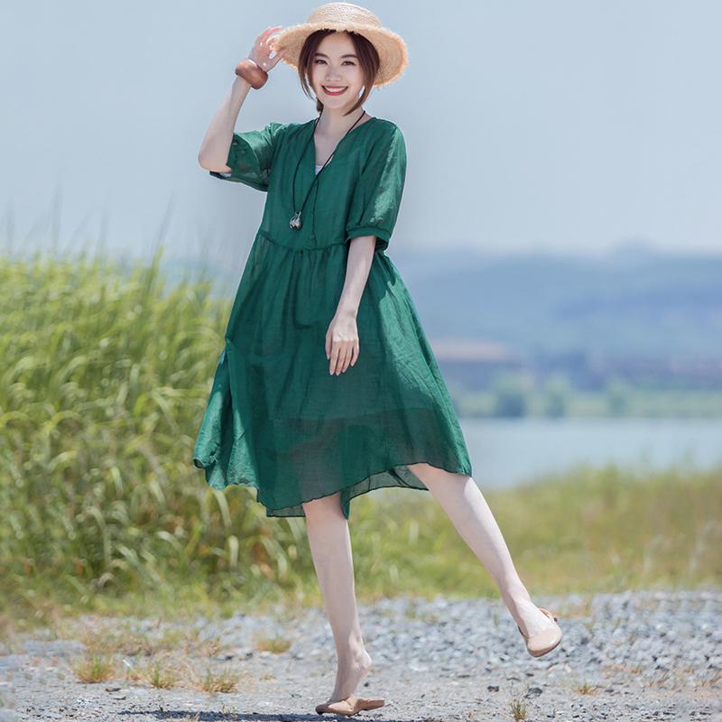 Solid Retro Short Sleeve V-Neck Button Dress