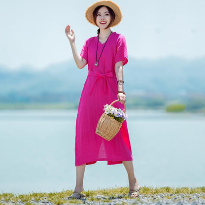 Solid V-Neck Short Sleeve Drawstring Dress