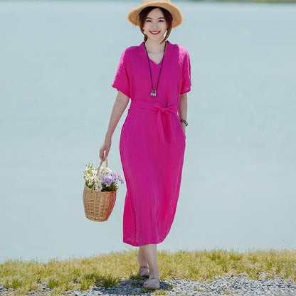 Solid V-Neck Short Sleeve Drawstring Dress