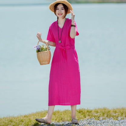 Solid V-Neck Short Sleeve Drawstring Dress