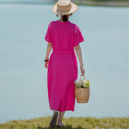 Solid V-Neck Short Sleeve Drawstring Dress
