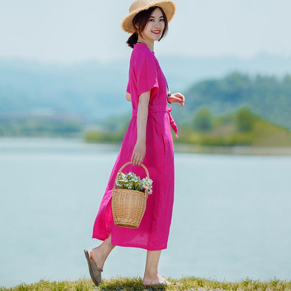 Solid V-Neck Short Sleeve Drawstring Dress