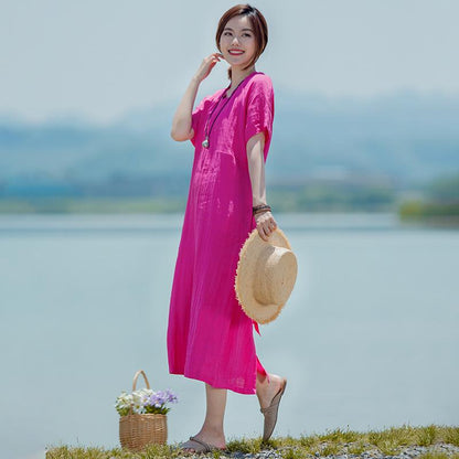 Solid V-Neck Short Sleeve Drawstring Dress