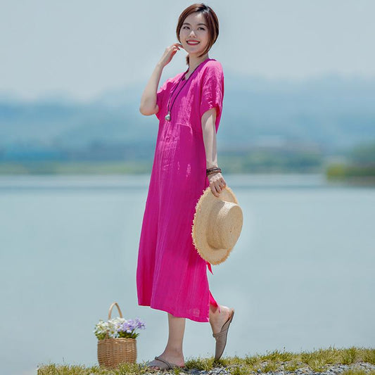 Solid V-Neck Short Sleeve Drawstring Dress