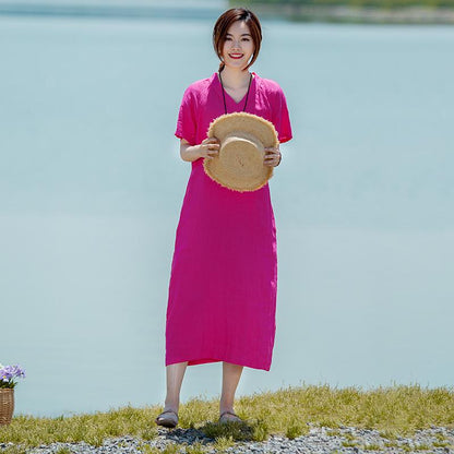 Solid V-Neck Short Sleeve Drawstring Dress