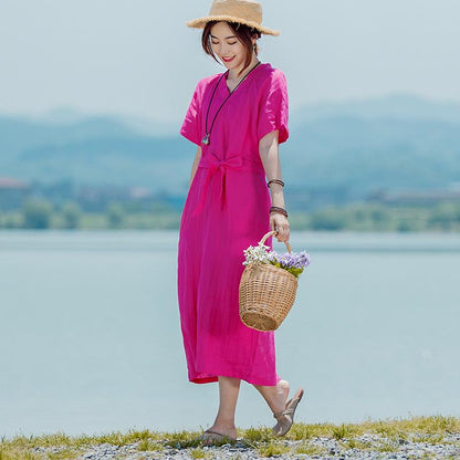 Solid V-Neck Short Sleeve Drawstring Dress