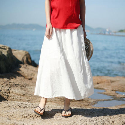 Solid Washed Ramie Skirt With Pintuck Pockets