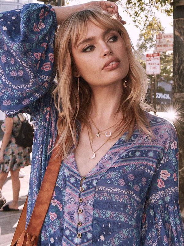 Printed V-neck Puff Sleeves Bohemia Maxi Dresses