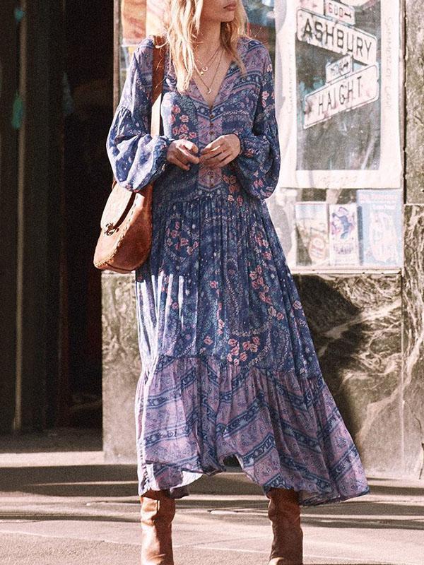 Printed V-neck Puff Sleeves Bohemia Maxi Dresses