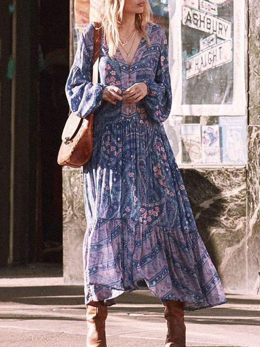 Printed V-neck Puff Sleeves Bohemia Maxi Dresses