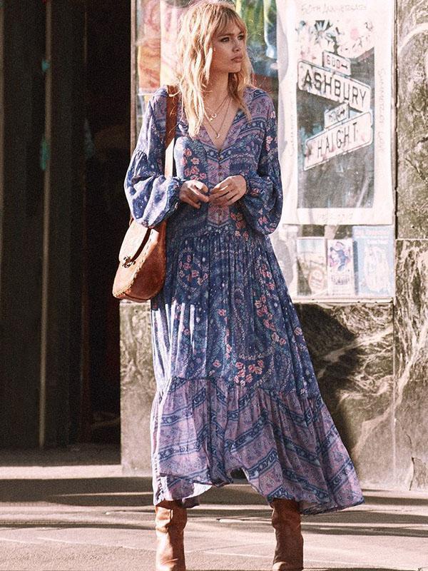 Printed V-neck Puff Sleeves Bohemia Maxi Dresses