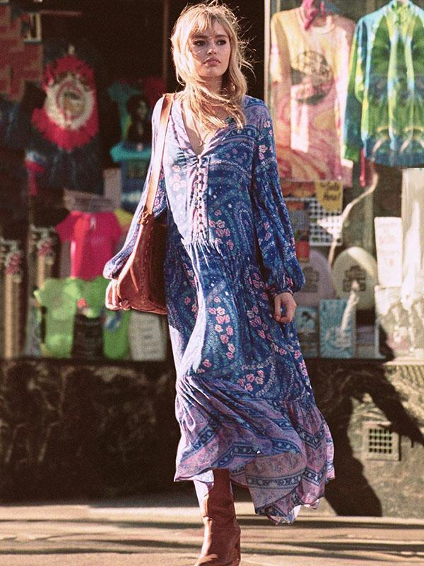 Printed V-neck Puff Sleeves Bohemia Maxi Dresses